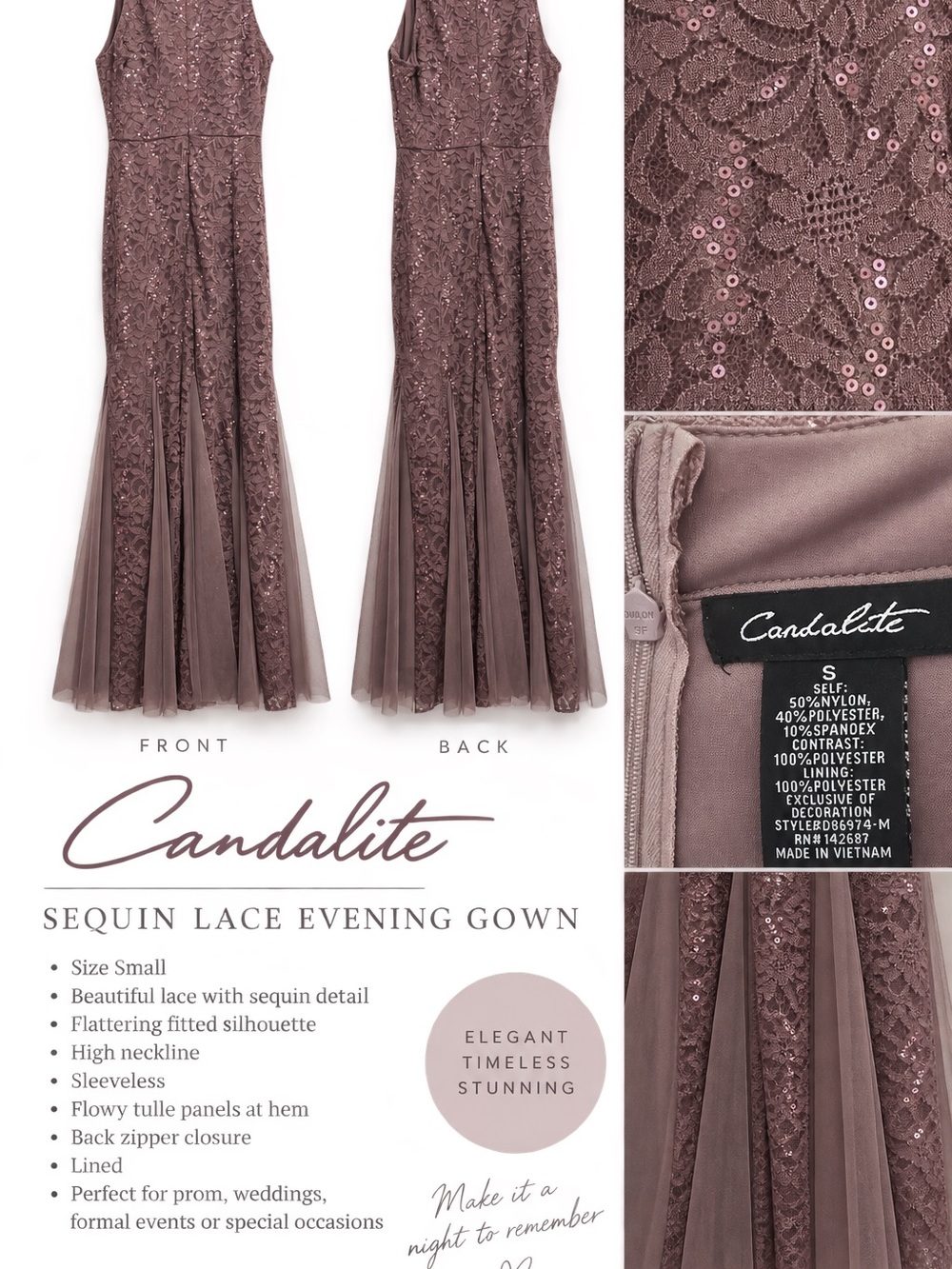 Candalite Mauve Sequin Lace Evening Gown — Sleeveless Prom Dress